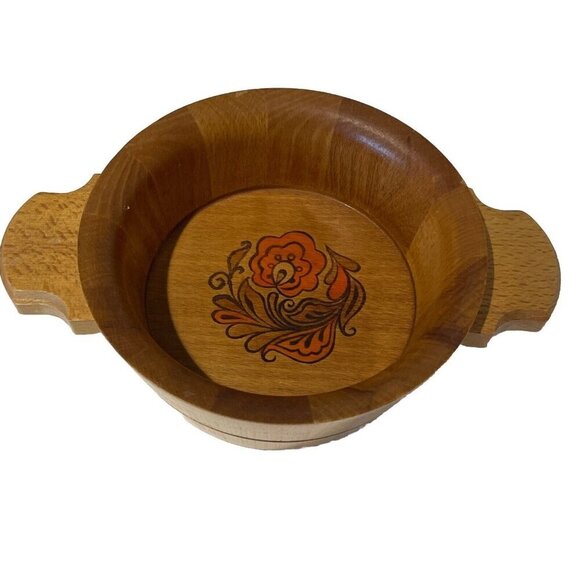 Vintage Hand Painted Wooden Bowl with Handles 6.5 in Orange Floral Treen OOAK - Picture 1 of 10
